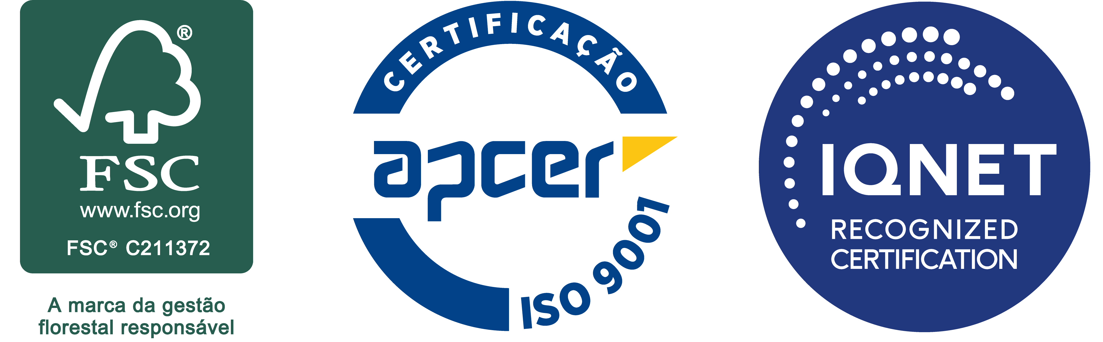 Logos de Certificação ISO 9001, IQNET, FSC